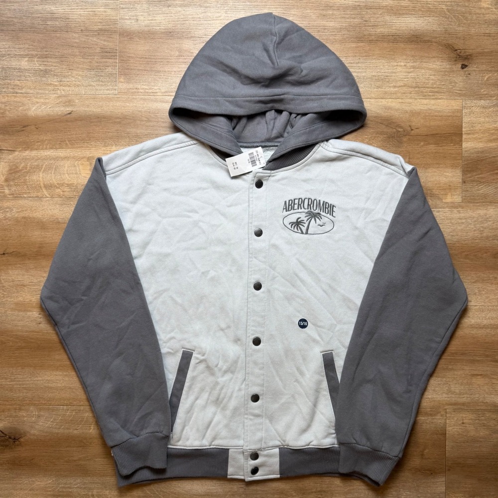 Abercrombie Kids Varsity Hoodie Kids 15/16 Grey Relaxed Fit Embroidered New Y2K